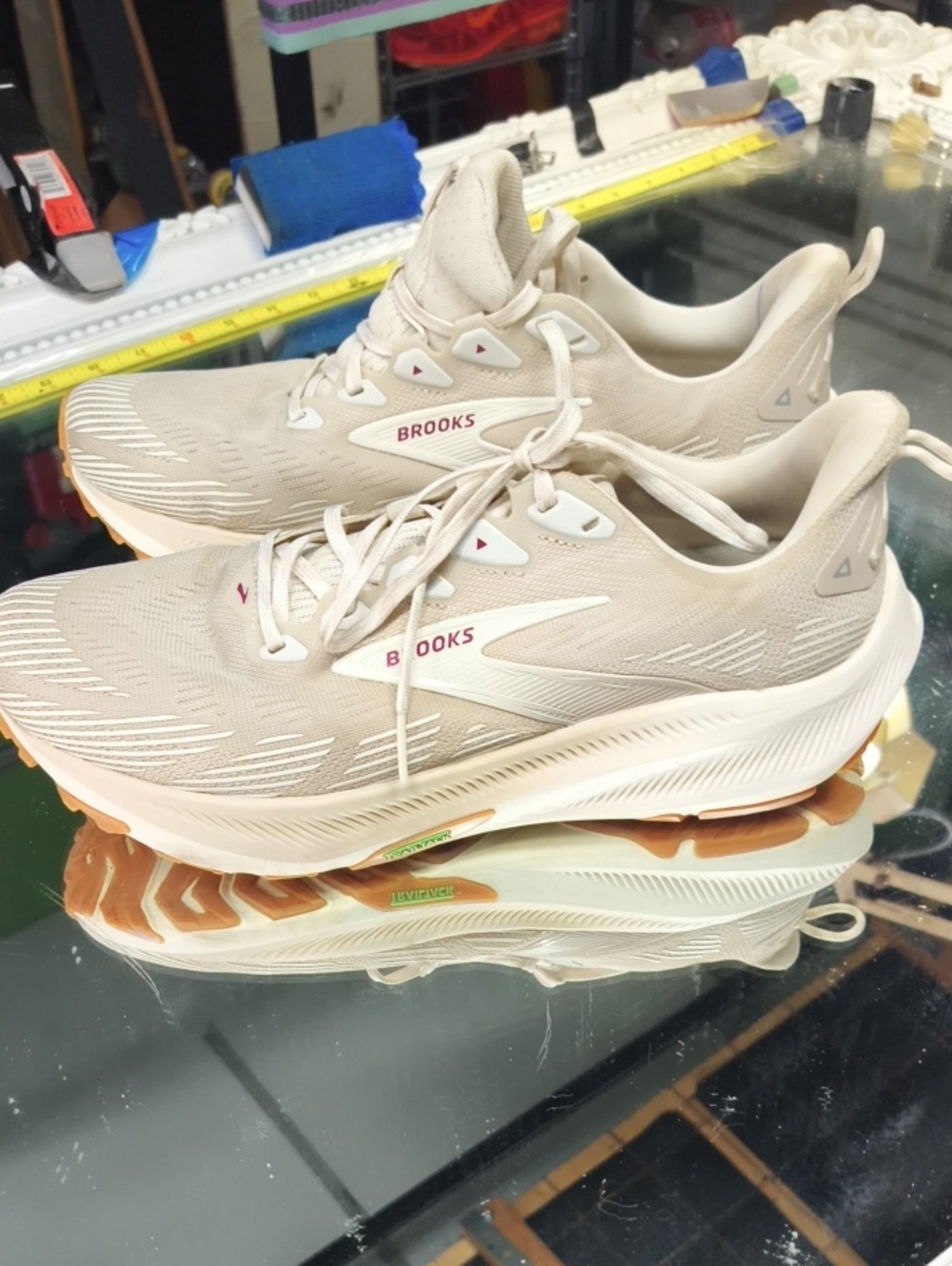 Women's 11 cream-colored Brooks Ghost Trail running shoes